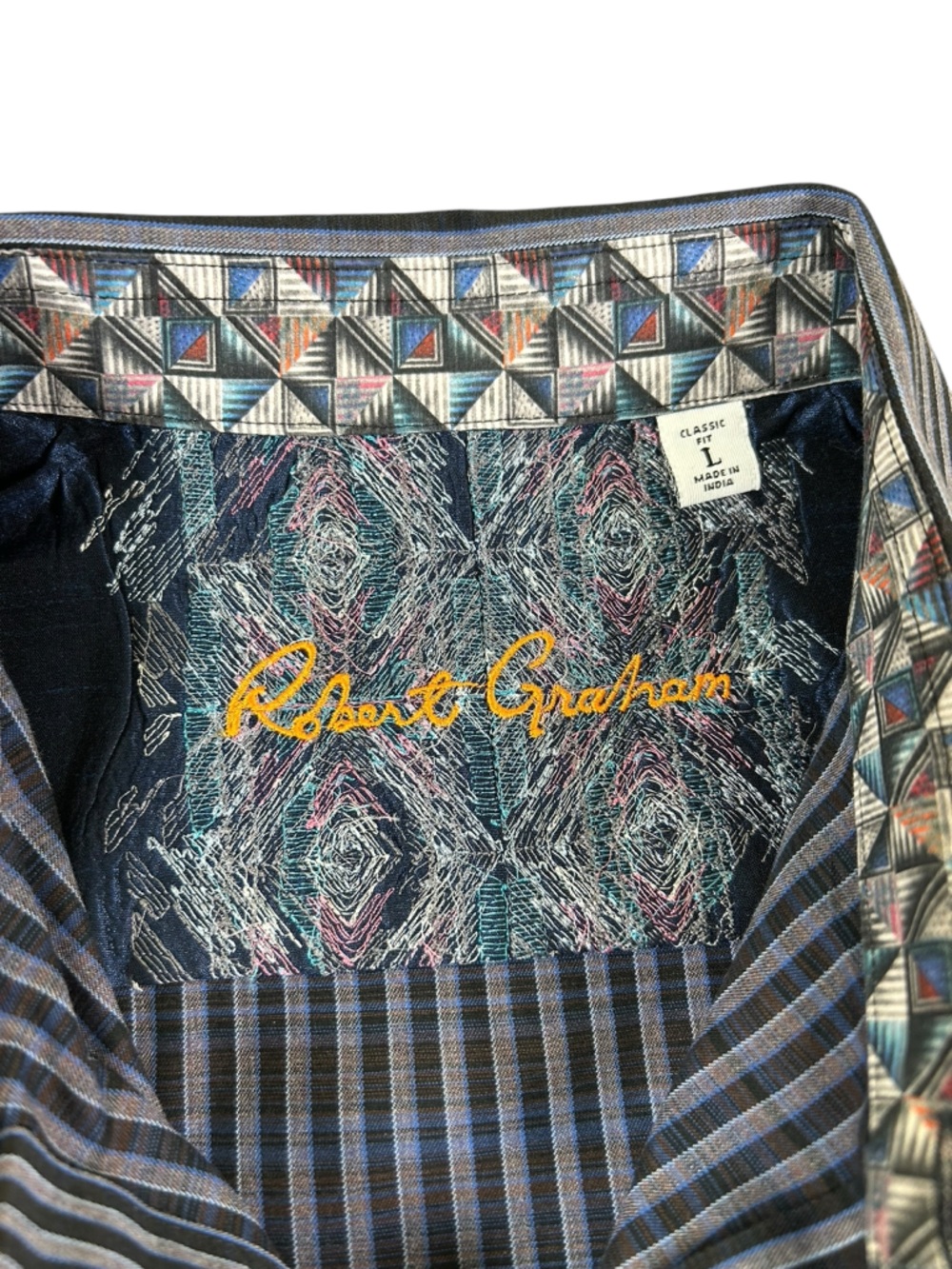 ROBERT GRAHAM Striped Button Down Geometric Flip Cuff Black Blue Gray Classic L - Picture 3 of 15